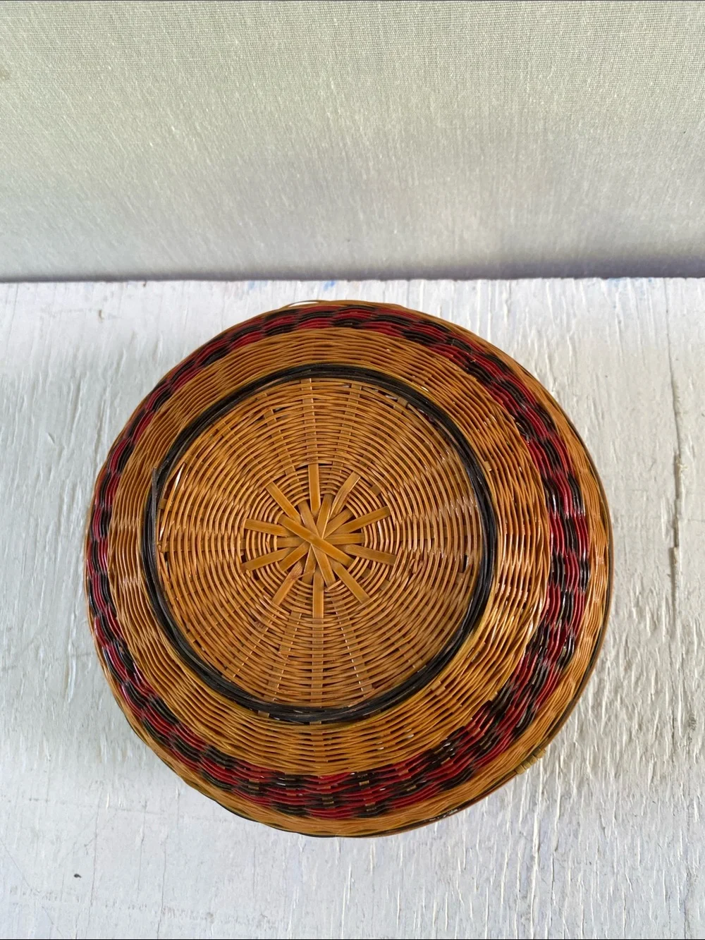 Handwoven Round Wicker/Bamboo Decorative Box - Brown with Red and Black Accents